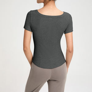 XW-DA110 élégant <span class=keywords><strong>bateau</strong></span> décolleté ourlet arrondi dames en plein air Gymwear côtelé à manches courtes haut court respirant Sport chemise femmes - Product Image 3