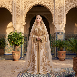 Vestido de Novia Musulmán Árabe Bordado hasta el Suelo, Jalabiya Kaftan con Cola Watteau, Cuello Alto, Mangas Largas, Adornado con Cuentas, Natural - Product Image 3