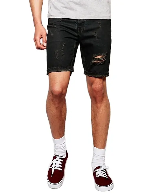 KY 2019 fashion mens slim fit vijf zakken verontruste katoen denim shorts gewassen black ripped jeans shorts
