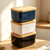 Conteneur de stockage alimentaire en céramique de 350 ml avec couvercle en bambou naturel, réutilisable, hermétique, boîte de rangement pour la cuisine, boîte organisatrice pour le beurre et le fromage
