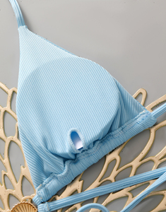 Conjunto de Bikini Azul Cielo para Mujer, Color Sólido, Detalle Metálico, Traje de Baño Sexy de Dos Piezas para Playa - Product Image 6