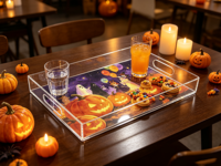 Plateau en acrylique imprimé sur mesure avec poignées découpées, plateau de service rectangulaire transparent décoratif pour Halloween, pour la maison et les fêtes, OEM