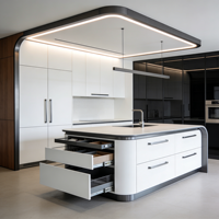 Meubles de cuisine minimalistes de luxe blancs et noirs avec îlot incurvé et tiroirs à fermeture douce