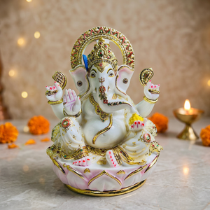 Culture Marble Ganesh on Lotus <b>Statue</b> | Decorative Lord Ganesha Idol for Home Temple & Gift Decor - Product Image 3