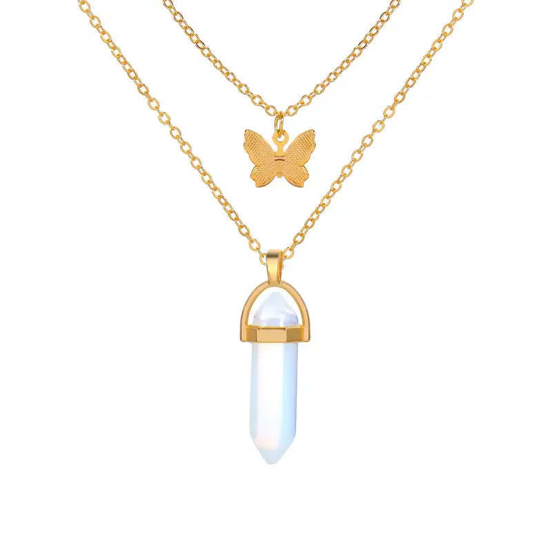 Yeni İki katmanlı kelebek kolye altın kaplama mermi şekilli doğal Opal taş kolye kadınlar için