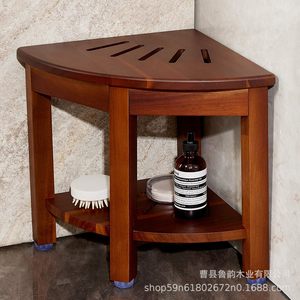 Tabouret de salle de bain en bois Lu Yun marron avec étagère d'angle pour rangement de produits de toilette et utilisation sous la douche - Product Image 2