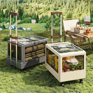 Chariot en plastique pliant extérieur Rmier avec barre de traction rétractable Chariot de rangement pour collations de camping en plein air avec porte transparente - Product Image 1