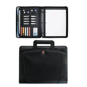 Custom A4 PU Leather Zippered Multifunctional Briefcase Loose Leaf Binder Portfolio Padfolio With Handle