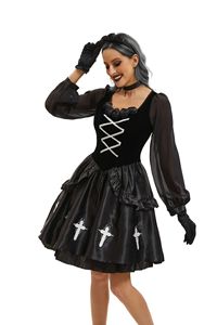 Costume da Donna Gotico, Abito Nero con Stampa a Croce, Corpetto con Lacci, Maniche Trasparenti, per Halloween e Spettacoli Teatrali - Product Image 4