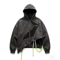 ES OEM Personnalisé Sweat à capuche zippé 100% Coton Patchwork Unisexe, Lavage à la pierre effet soleil délavé vintage, Cordon de serrage, Broderie 3D, Couleur unie, Collection Printemps