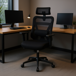 Chaise de bureau ergonomique avec accoudoirs réglables, dossier inclinable, pivotante, siège en tissu maillé noir, pour usage professionnel - Product Image 2