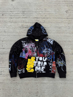Hoodie Rajut Kustom dengan Ritsleting, Cetak DTG Seluruh Bagian, Efek Langit Berbintang Berhias Rhinestone, Hip Hop Kasual Oversized, Streetwear Berkualitas Tinggi