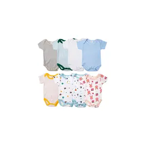 Großhandel neuer Stil solide Farbe Baby-Bodysuits Baby Jungen Mädchen Aufdruck Karikatur Reine Baumwolle Einteiler Baby-Strampler