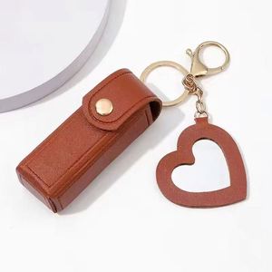 Quick Ship Cute Lipstick Holder <b>Key</b> <b>Chain</b> with Mini Heart Shape Mirror Women's PU Leather Keychain Single Lipstick Pouch - Product Image 3
