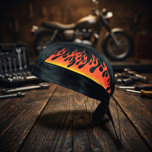 HMB-901L4 LEATHER SKULLCAP DU RAG HEAD WRAP BANDANA SKULL CAP HATS SCARF BEANIE HAT BIKER FLAME - Product Image 2