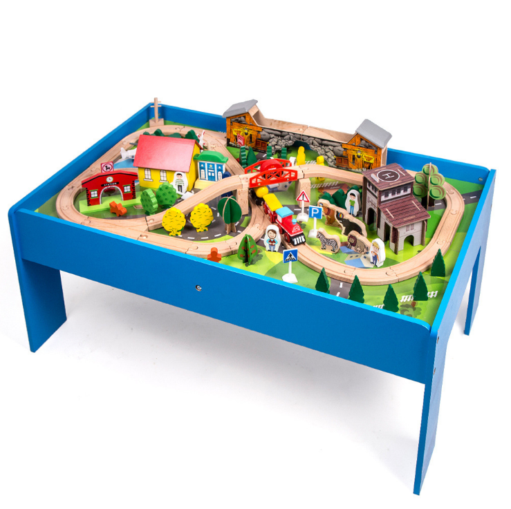 Rail en bois naturel Montessori, 108 pièces, avec ensemble de Table, jouet de construction écologique pour enfants