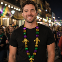 Collier de perles XXL Fleur de Lys 3 pièces pour Mardi Gras, violet, vert, or, bijoux de fête pour défilé de carnaval