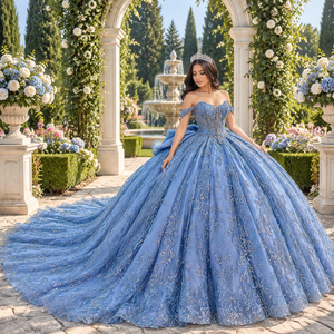 Vestido de Quinceañera Azul Brillante Xy008, Largo hasta el Suelo, con Cuentas de Lujo y Encaje, Hombros Descubiertos, para Fiesta de Cumpleaños - Product Image 1