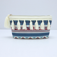 Tas Kosmetik Motif Etnik Bohemian dengan Ritsleting Rumbai, Dompet Kecil Kanvas, Organizer Makeup untuk Wanita, Pouch untuk Perjalanan, Dompet