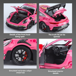 Coche de juguete de metal fundido a presión Porsche 911 GT3 Tiranosaurio 1:24 con sonido y luz, puertas que se abren, modelo de aleación coleccionable decorativo - Product Image 3