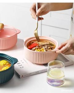 Nouveau nordique en céramique deux oreilles en céramique marmite cuisine vaisselle casserole rayure <span class=keywords><strong>nouilles</strong></span> instantanées bol ragoût soupe Pot avec couvercle - Product Image 2