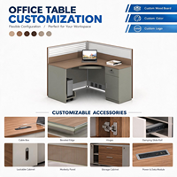 Bureau de travail en forme de L moderne avec armoire de rangement, étagères, plateau en bois personnalisé, table d'ordinateur de direction pour aménagement de bureau