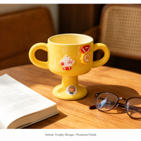 Tasse trophée en céramique artisanale à double poignée, design médaille Kawaii, compatible lave-vaisselle, cadeau mignon de dessin animé pour enfants, usage au bureau