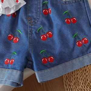 4-7 टी बच्चों के कपड़ों का चेरी फल स्ट्रैपलेस ऑफ-कंधे की शीर्ष लोचदार शॉर्ट्स लड़कियों के कपड़े पहनते हैं - Product Image 6