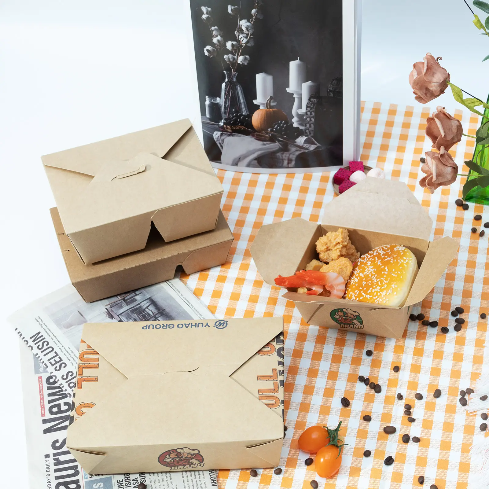 Piknik gıda ambalajı için tek kullanımlık Kraft kağıt yemek kabı paket kutusu Microwaveble kağit kutu