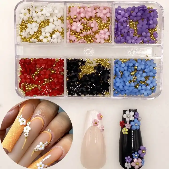  7 Grids Color Assorted 3D Nail Charms Set Heart Flower