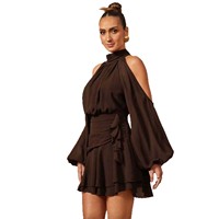 Robe Courte Femme Épaules Dénudées Col Montant Manches Longues Volants Superposés en Chiffon Robe de Soirée Sexy Dos Nu Tenues de Fête Personnalisation OEM