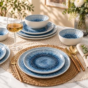 Juego de Vajilla de Porcelana de 12 Piezas, Impresión Digital 3D, Glaseado Reactivo Azul, Platos y Tazones de Cerámica, Ecológico, Apto para Microondas - Product Image 3