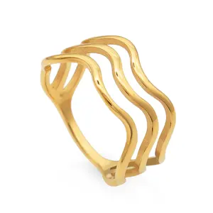 Chris April 316L Stainless Steel Personality Hollow Out Ring Triple Layers Gold Wavy Rings