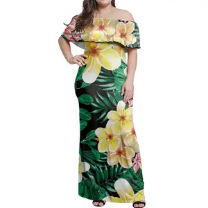 주문형 하와이 열대 스타일 디자인 사용자 정의 우아한 여성 파티 의류 한 어깨 프릴 맥시 드레스 인쇄