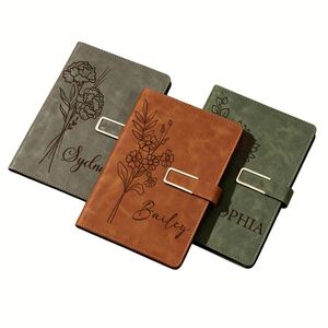Diario de Cuero Personalizado con Flor del Mes de Nacimiento, Cuaderno de Lujo A5 con Nombre Grabado, Set de Papelería para Estudiantes - Product Image 1