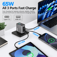Station de charge rapide de bureau GaN 65W à 3 ports, 2 USB C, 1 USB A avec affichage numérique de la tension et de la puissance pour plusieurs appareils numériques