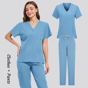 Blanc de haute qualité respirant Spandex/Polyester uniformes chirurgicaux femme tenue médicale à manches courtes pantalon hommes gommage ensemble médecin - Product Image 3
