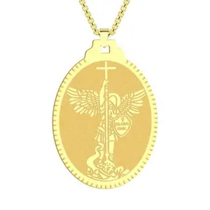 Yiwu Aceon Stainless Steel Oval Medal Image Engraved Cross Edge Frame Metal Archangel Saint Michael Embossed Pendant