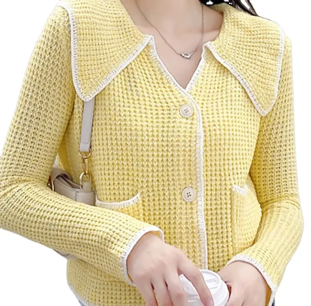 2024 새로운 이른 가을 패션 캐주얼 니트 카디건 재킷 가을 달콤한 스타일 V-넥 얇은 탑 솔리드 패턴