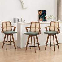 Tabouret de bar pivotant en rotin vert style Mid-Century, chaise de comptoir en bois courbé avec accoudoirs en cuir pour la maison et la cuisine