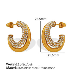 Boucles d'oreilles créoles de créateur en acier inoxydable 316L plaqué or PVD 14k 18k, avec zircon double C, style vintage et personnalisé, pour femme - Product Image 6