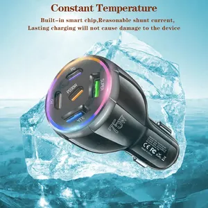 อะแดปเตอร์ชาร์จในรถยนต์ 5 พอร์ต 75W รองรับ PD 30W ชาร์จเร็ว พร้อมไฟ RGB 3 พอร์ต Type C และ 2 พอร์ต USB A ปลอดภัยสำหรับ iPhone 17 16 Pro - Product Image 3