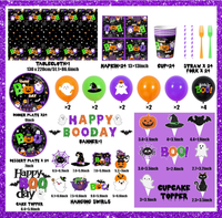 Joyeuses Fêtes d'Halloween : Assiettes, Gobelets, Serviettes, Nappe, Drapeau, Décorations de Gâteau, Ballons et Autres Fournitures à Thème Sorcière, Chauve-souris, Fantôme, Citrouille, Araignée