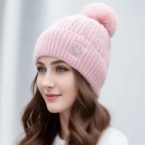 Topi pom rajut kustom mode F-2280 topi cuffed beanie wanita tebal hangat tersenyum untuk musim dingin