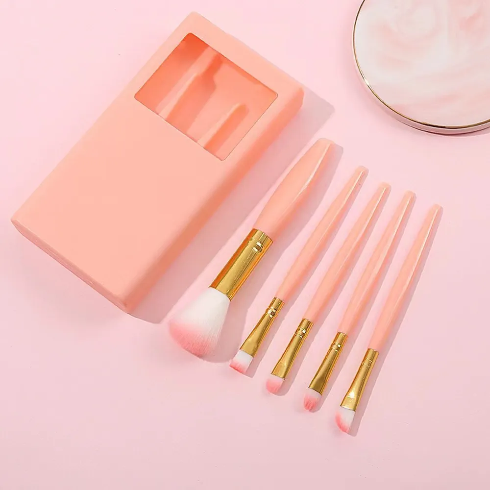 Kit kuas riasan merah muda 5 buah, alat kuas kosmetik dengan cermin Mini Set kuas perjalanan kecantikan dengan paket hadiah