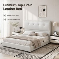 Lit double confortable et serein, design italien de luxe léger, avec cadre en bois massif et rembourrage en cuir écologique moderne couleur crème, vente en gros