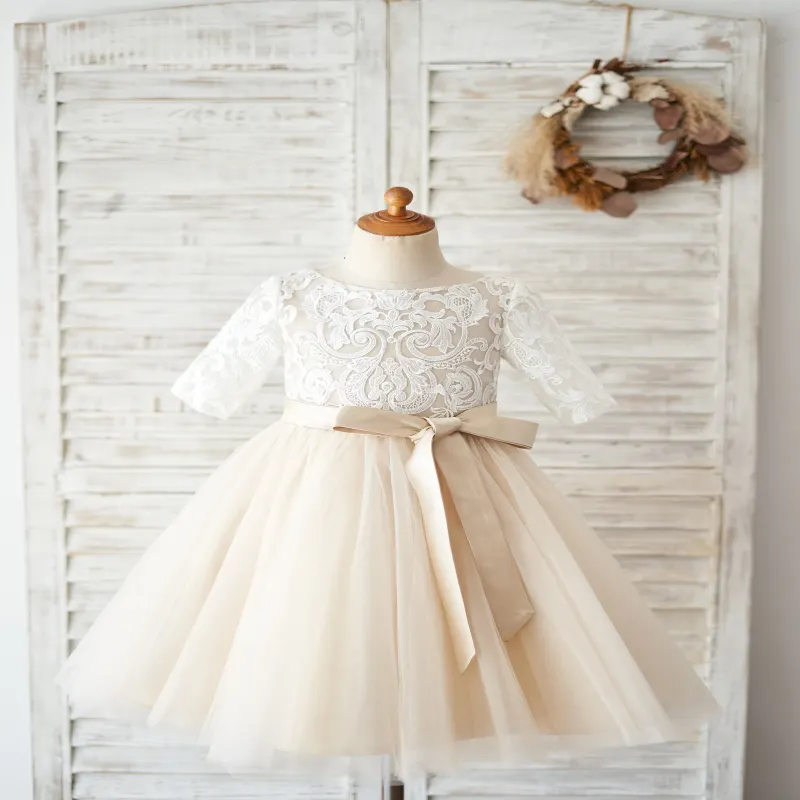 Elbow Sleeves Ivory Lace Champagne Tulle Wedding Flower Girl Dress Kids Party Dress