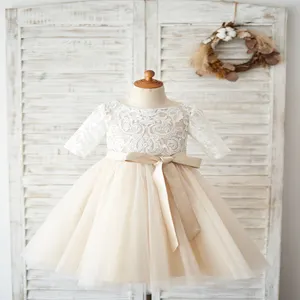 Ellenbogen ärmel Elfenbein Spitze Champagner Tüll Hochzeit Blumen mädchen Kleid Kinder Party kleid