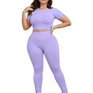Women's Sporty Seamless Yoga Set High Waist Leggings & Short Sleeve Sports Crop <b>Top</b> Breathable Activewear 2-Piece Workout Outfit - Product Image 1