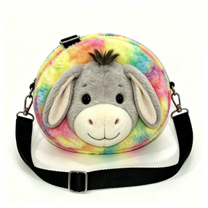 Bolso de Hombro de Peluche con Cara de Burro 3D Redonda y Adorable, Bolso Cruzado de Peluche con Temática de Burro de Granja, Bolso Redondo de Peluche de Burro Arcoíris - Product Image 1